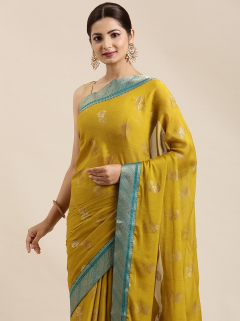 

Pothys Mustard & Sea Green Ethnic Motifs Zari Pure Chiffon Saree