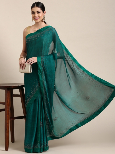 

Pothys Teal Green Floral Beads and Stones Pure Chiffon Saree