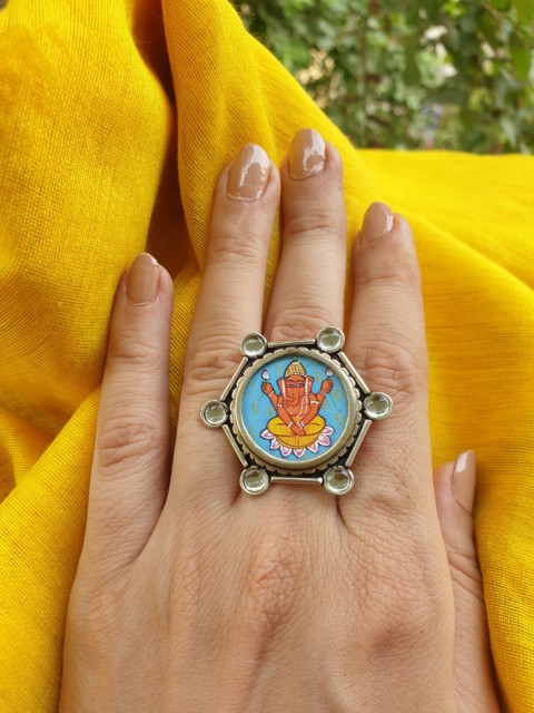 

FIROZA Silver-Toned Ganesha Oxidised Cocktail Finger Ring