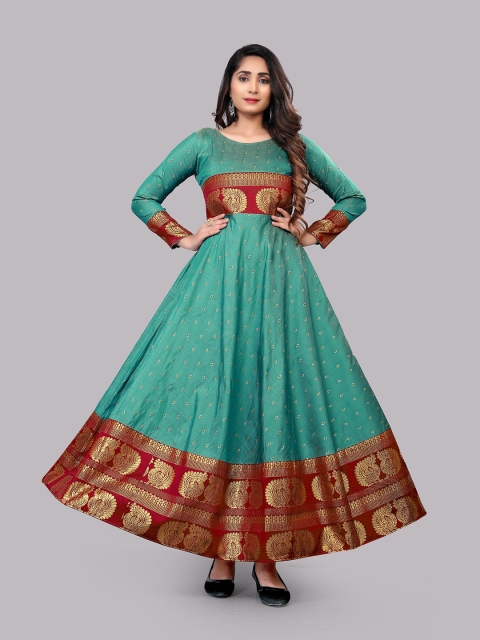 

Atsevam Turquoise Blue & Red Ethnic Motifs Jacquard Ethnic Maxi Flared Gown