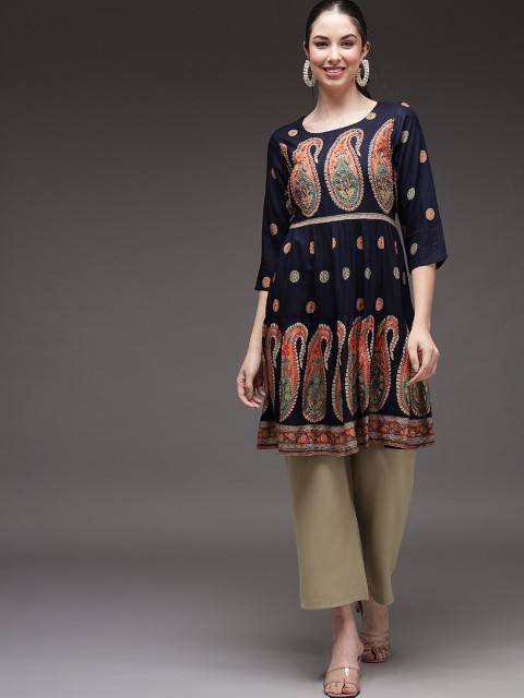 

Spera Navy Blue Paisley Printed Pleated Anarkali Kurti