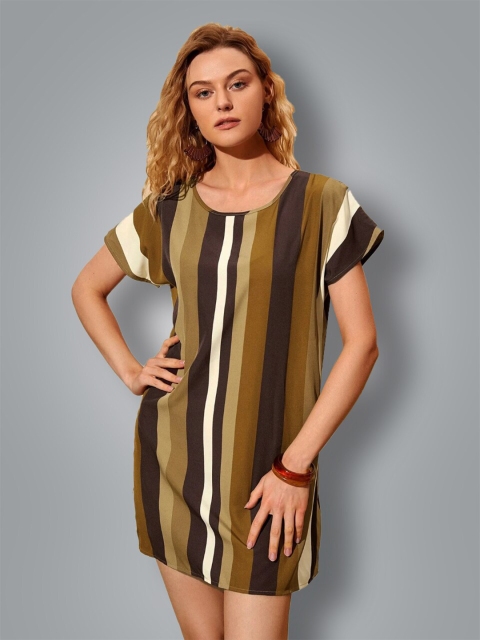 

GRECIILOOKS Women Coffee Brown Striped T-shirt Dress