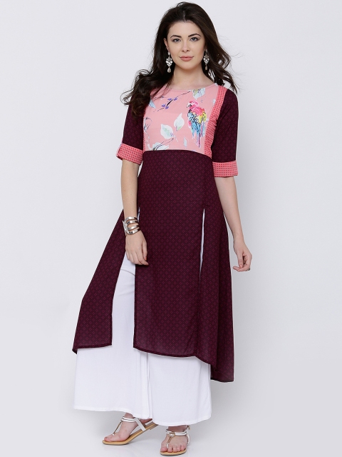 

Vishudh Women Burgundy & Coral Pink Printed Anarkali Kurta