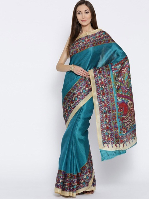 

Rani Saahiba Turquoise Blue & Fuchsia Pink Kalamkari Printed Art Silk Saree