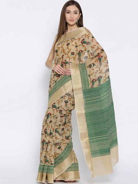 

Rani Saahiba Beige & Green Floral Zari Fusion Printed Saree With Blouse Piece