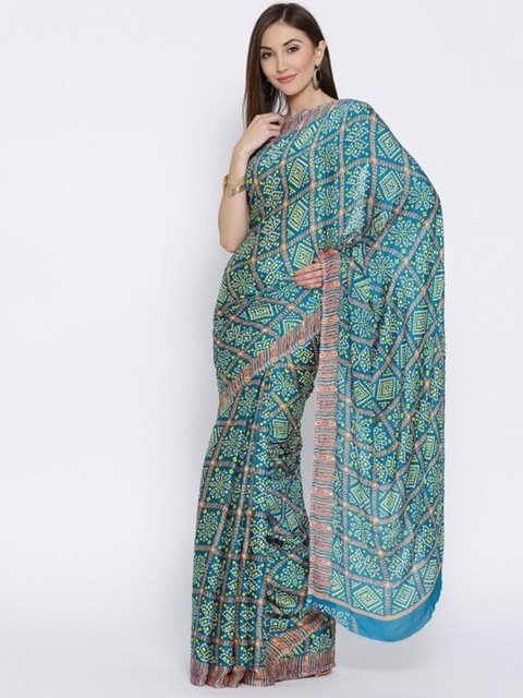 

Rani Saahiba Turquoise Blue & Brown Bandhani Fusion Saree