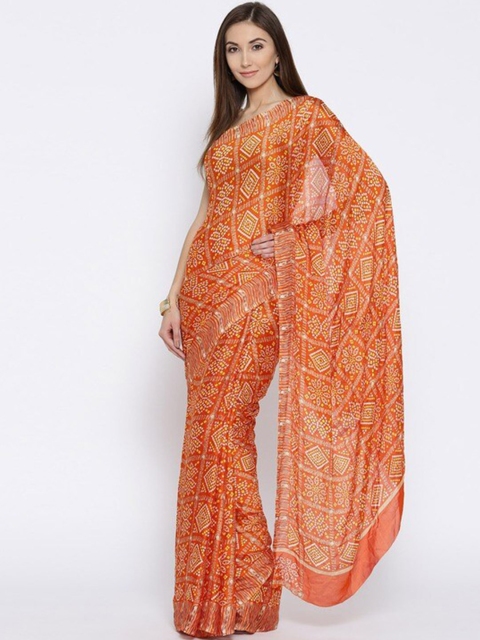 

Rani Saahiba Women Orange & White Bandhani Fusion Saree