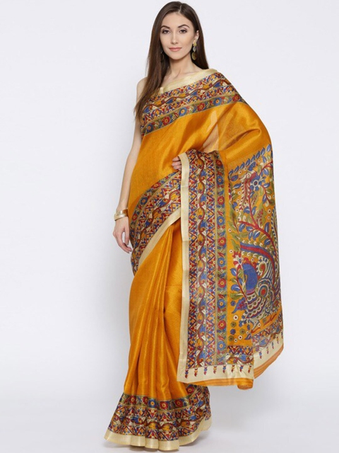

Rani Saahiba Gold-Toned & Blue Kalamkari Printed Art Silk Saree