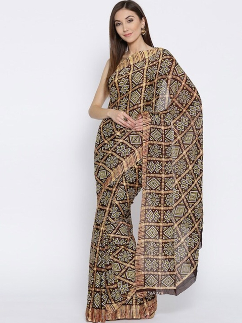 

Rani Saahiba Brown & Mustard Yellow Bandhani Printed Saree