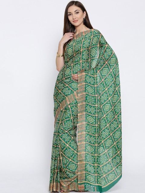 

Rani Saahiba Sea Green & White Bandhani Fusion Saree With Blouse Piece