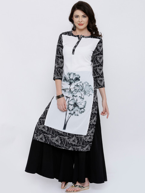 

Vishudh Women White & Black Printed Straight Kurta