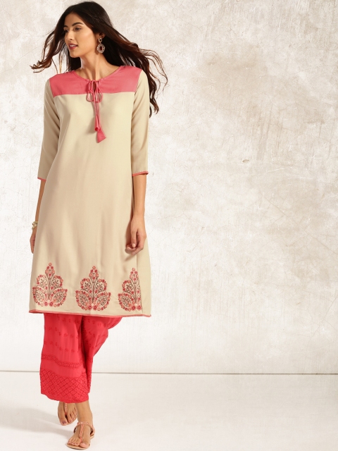 

Anouk Women Beige Solid A-Line Kurta