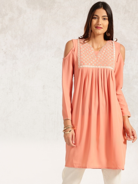 

Anouk Women Pink Embroidered A-Line Cold-Shoulder Kurta
