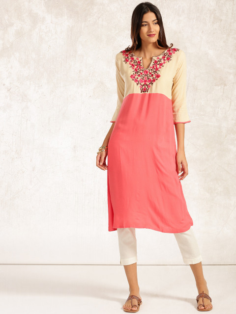 

Anouk Women Cream-Coloured & Pink Yoke Design A-Line Kurta