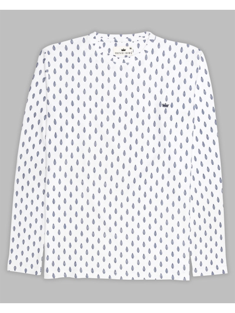 

FRENCH CROWN Men White & Blue Floral Printed Applique T-shirt