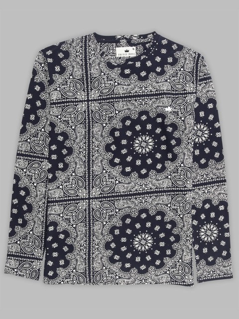 

FRENCH CROWN Men Navy Blue Rangoli Art Printed High Neck T-shirt