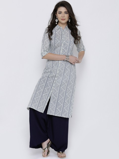 

Vishudh Women Cream & Blue Printed Straight Kurta