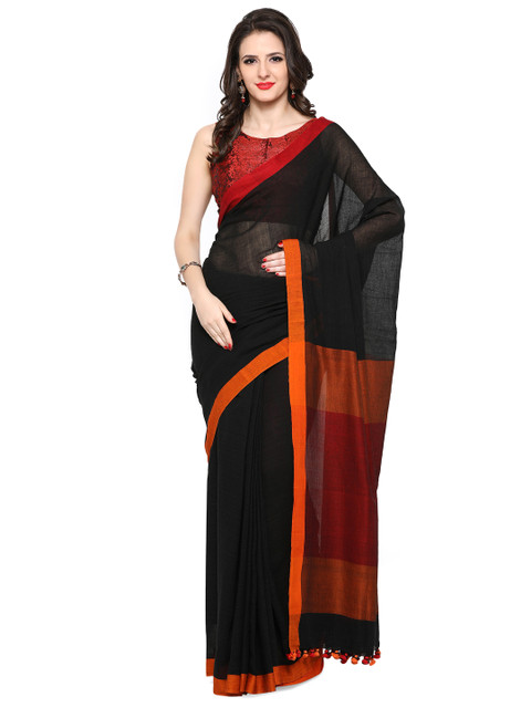

Desi Weavess Black Pure Cotton & Linen Khadi Handloom Saree