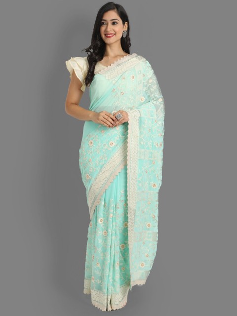 

Ekta Textiles Turquoise Blue & Cream-Coloured Floral Phulkari Pure Cotton Chanderi Saree