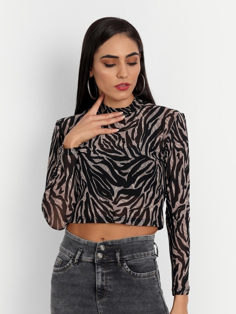 

ESSQUE Brown & french middle red purple Animal Print Net Top