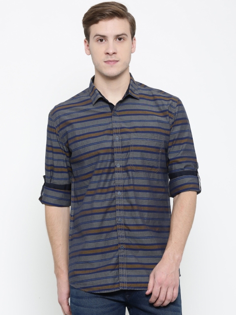 

Nature Casuals Men Grey & Navy Blue Slim Fit Striped Casual Shirt