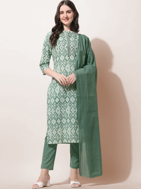

MIRCHI FASHION Women Olive Green Ethnic Printed Pure Cotton Kurta with Trousers & Dupatta