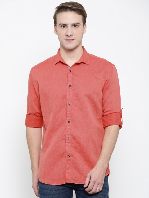 

Nature Casuals Men Coral Red Slim Fit Solid Casual Shirt