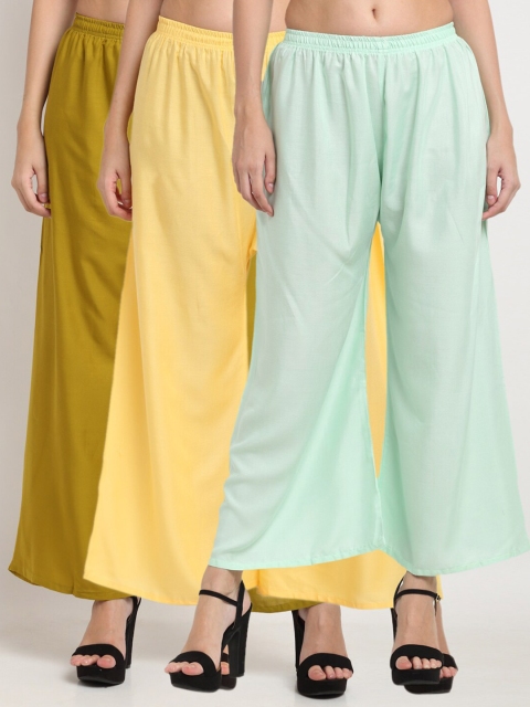 

Miaz Lifestyle Women Green & Yellow Pack of 3 Solid Wide Leg Palazzos