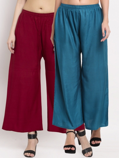 

Miaz Lifestyle Women Blue & Maroon Pack Of 2 Flared Knitted Palazzos
