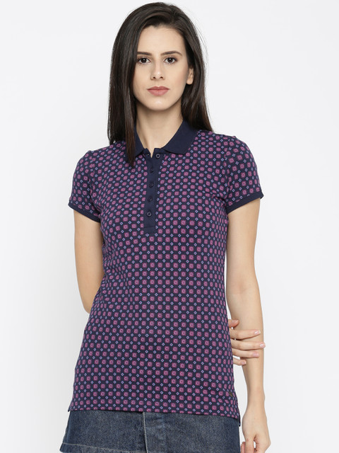 

U.S. Polo Assn. Women Women Navy & Magenta Printed Polo T-shirt, Navy blue
