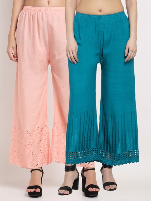 

Miaz Lifestyle Women Peach & Blue Set of 2 Self Design Flared Knitted Palazzos