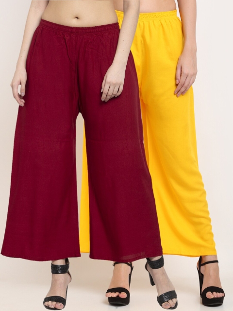 

Miaz Lifestyle Women Yellow & Maroon 2 Flared Knitted Palazzos