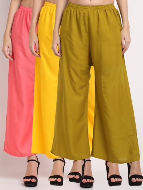 

Miaz Lifestyle Pack of 3 Olive Green & Yellow Flared Knitted Palazzos