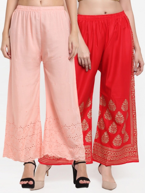 

Miaz Lifestyle Women Peach-Coloured & Red 2 Flared Knitted Palazzos