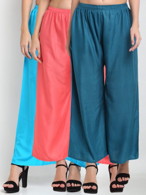 

Miaz Lifestyle Pack Of 3 Women Blue & Peach Solid Flared Palazzos