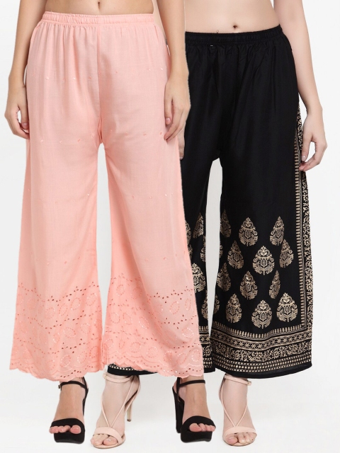 

Miaz Lifestyle Pack of 2 Women Peach & Black Printed Flared Knitted Palazzos