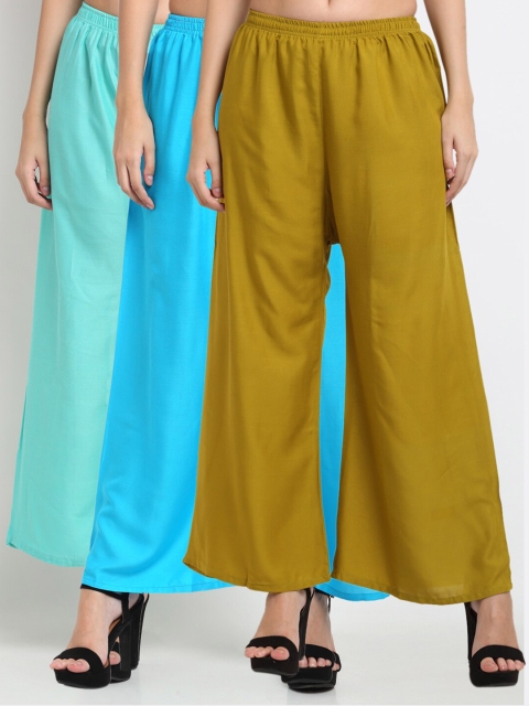 

Miaz Lifestyle Women Pack Of 3 Olive, Green & Blue Flared Palazzos