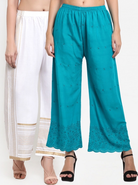 

Miaz Lifestyle Women Set Of 2 White & Blue Flared Knitted Palazzos
