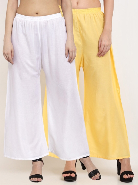 

Miaz Lifestyle Women Yellow & White Set of 2 Solid Flared Knitted Palazzos