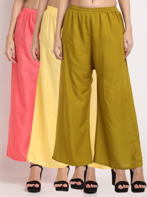 

Miaz Lifestyle Women Olive Green & Yellow 3 Flared Ethnic Palazzos