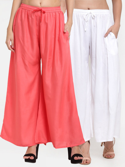 

Miaz Lifestyle Women Set Of 2 Peach-Coloured & White Flared Knitted Palazzos
