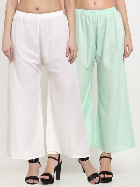 

Miaz Lifestyle Pack of 2 Women White & Green Solid Flared Knitted Palazzos