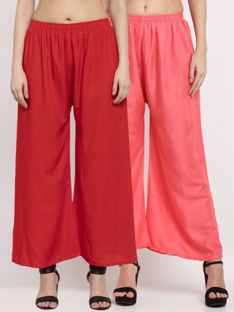 

Miaz Lifestyle Women Peach-Coloured & Red 2 Flared Knitted Ethnic Palazzos