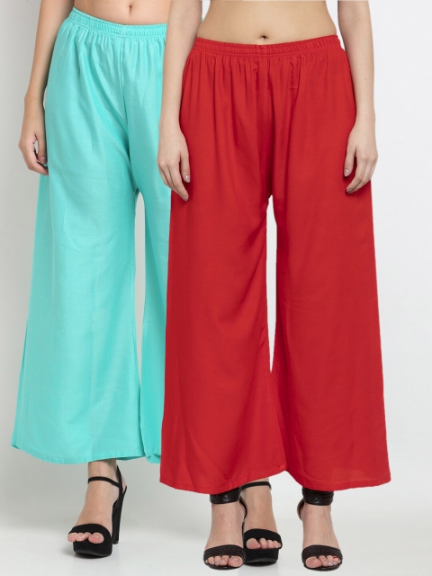 

Miaz Lifestyle Women Turquoise Blue & Red Pack of 2 Flared Knitted Palazzos