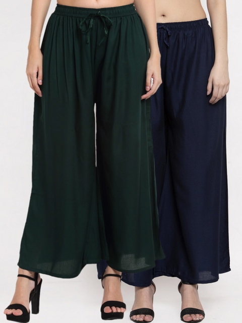

Miaz Lifestyle Women Green & Navy Blue 2 Flared Knitted Palazzos