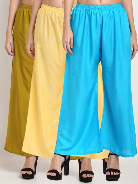 

Miaz Lifestyle Women Blue & Mustard Yellow Pack of 3 Flared Knitted Palazzos