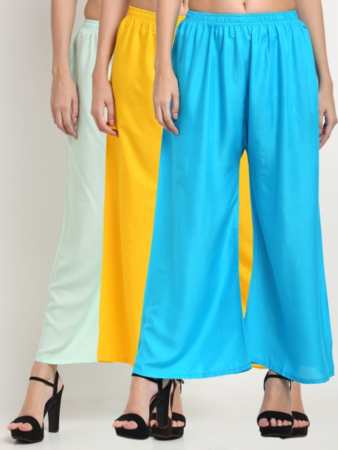 

Miaz Lifestyle Women Blue & Green Yellow set of 3 Flared Knitted Ethnic Palazzos