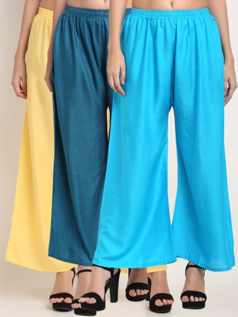 

Miaz Lifestyle Women Blue Yellow & Teal 3 Flared Knitted Palazzos Plus Size