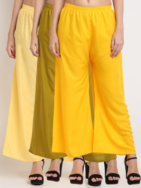 

Miaz Lifestyle Pack Of 3 Women Yellow & Olive Green Flared Knitted Palazzos