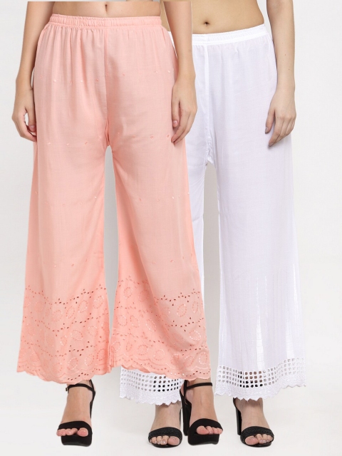 

Miaz Lifestyle Women Peach-Coloured & White 2 Flared Knitted Palazzos
